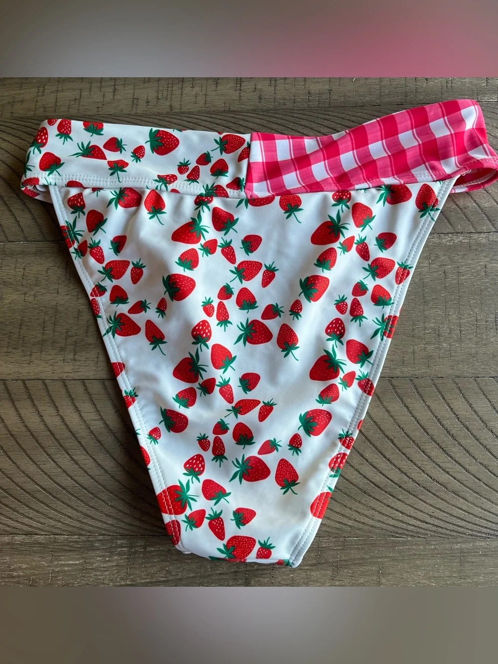 Nasty Gal Strawberry Gingham Mix Bikini Bandeau Top High-Waist Bottoms Size 6